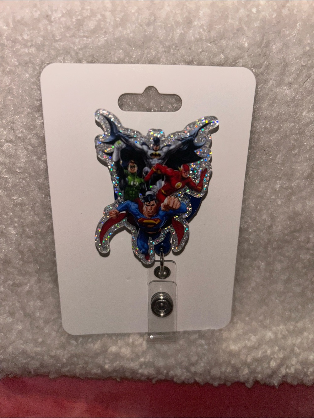 DC Comics Glitter Justice League Retractable Badge Reel - Blue & Red
